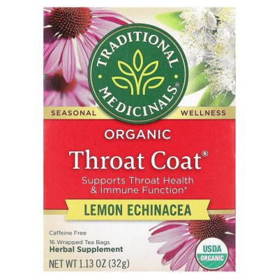 Organic Throat Coat, чай для здоровья горла и иммунитета, лимонная эхинацея,16 пакетиков