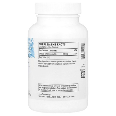 Thorne Research, Цинк пиколинат, 30 мг, Zinc Picolinate, 180 капсул