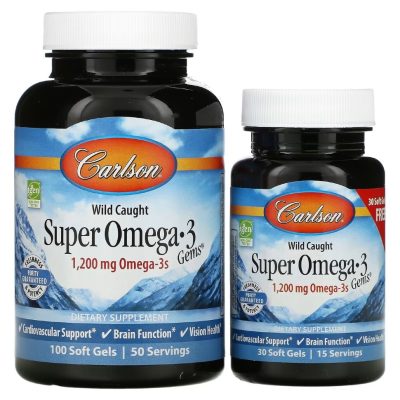 Carlson Labs, Super Omega-3, высокоэффективная омега-3, 1200 мг, 100+30 капсул