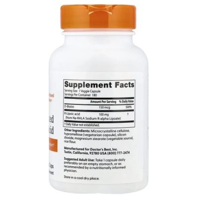 Doctor's Best, стабилизированная R-липоевая кислота, 100 мг, Stabilized R-Lipoic Acid, 180 капсул