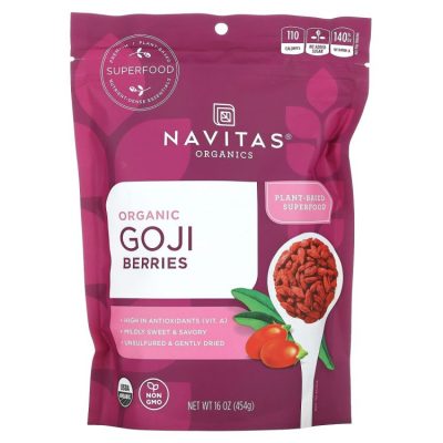 Navitas Organics, органические ягоды годжи, высушенные на солнце, Organic Goji Berries, 454 г