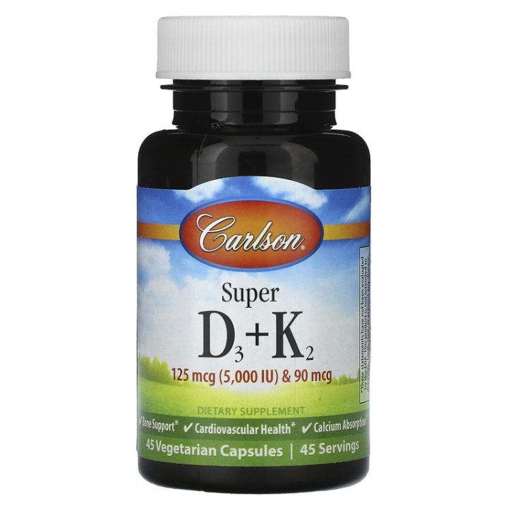 Carlson, Витамины D3 и K2, 5000 МЕ, 45 вегетарианских капсул