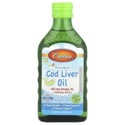 Carlson, God liver oil Kids, жир из печени норвежской трески для детей, зеленое яблоко, 250 мл