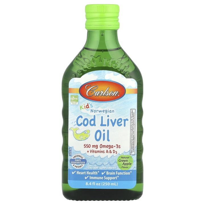 Carlson, God liver oil Kids, жир из печени норвежской трески для детей, зеленое яблоко, 250 мл