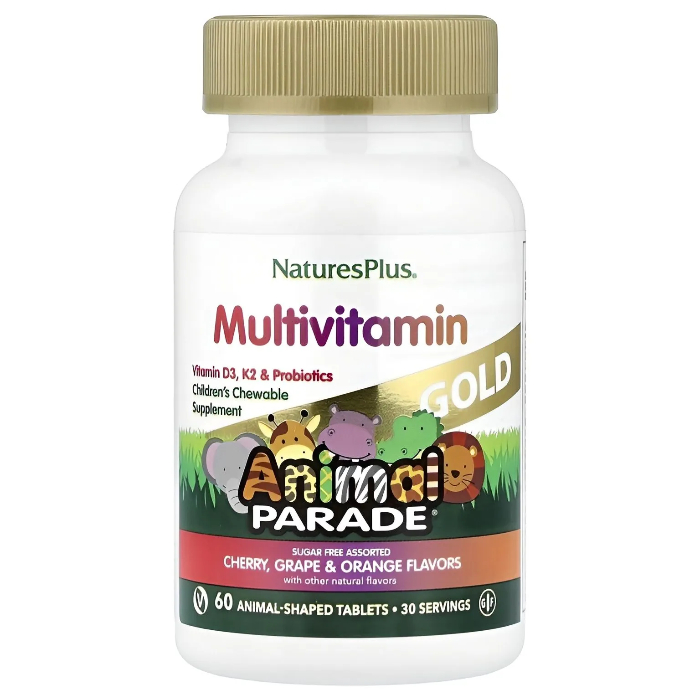 NaturesPlus, Мультивитамины для детей Animal Parade Gold, со вкусом вишни, винограда и апельсина 60 таблеток