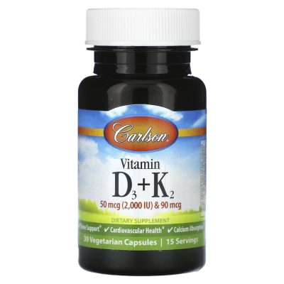 Carlson, Витамины D3 и K2, 2000 МЕ, 30 вегетарианских капсул