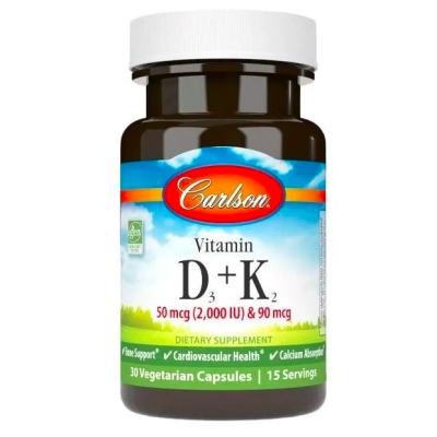 Carlson, Витамины D3 и K2, 2000 МЕ, 30 вегетарианских капсул