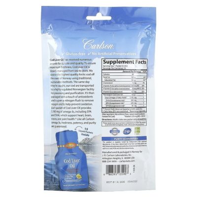 Carlson, Cod Liver oil Lemon, Жир печени дикой норвежской трески 5мл, вкус лимона, 15 пакетиков