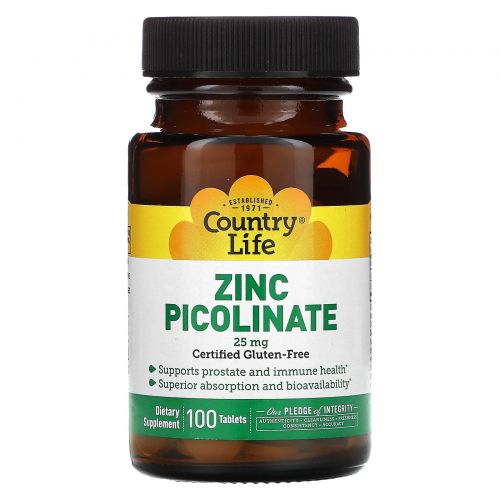 Country Life, Пиколинат цинка, Zinc Picolinate, 25 мг, 100 таблеток