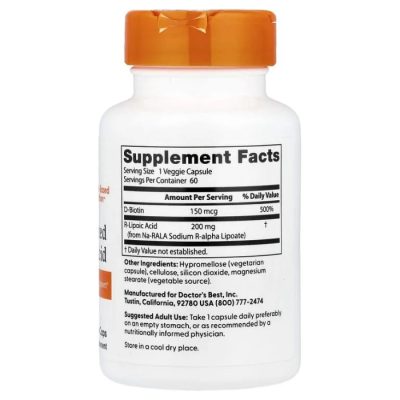 Doctor's Best, Стабилизированная R-липоевая кислота, 200 мг, Stabilized R-Lipoic Acid, 60 капсул