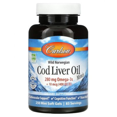Carlson Labs, Cod Liver oil, Жир печени дикой норвежской трески, 250 мягких мини-капсул