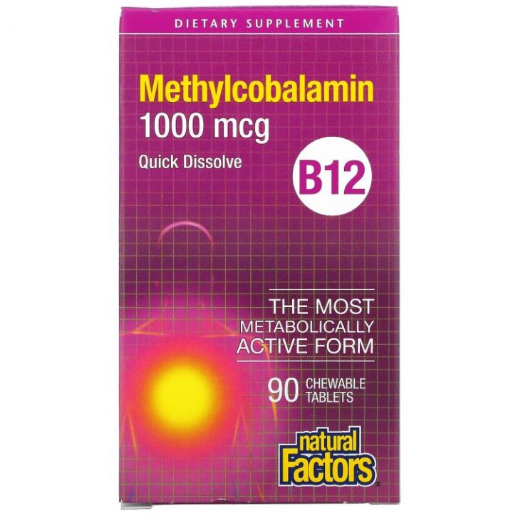 Natural Factors, B12 Methylcobalamin, 1000 mcg, 90 жевательных таблеток
