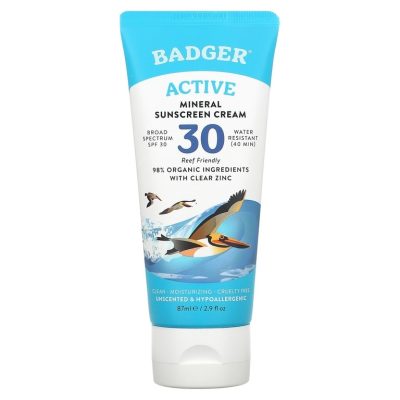 Badger, солнцезащитный крем SPF 30, Active Mineral Sunscreen Cream, без запаха, 87 мл