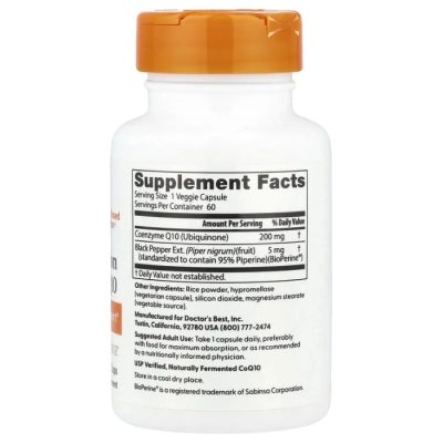 Doctor's Best, легкоусвояемый коэнзим Q10 с черным перцем BioPerine, 200 мг, 60 капсул
