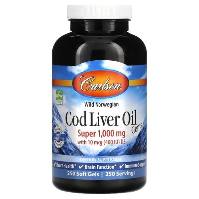 Carlson Labs, Cod Liver Oil Gems, Жир печени дикой норвежской трески, 1000 мг, 250 капсул