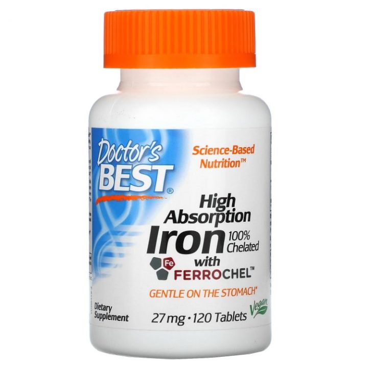 Doctors Best, Легкоусвояемое железо, High Absorption Iron with Ferrochel 27 мг, 120 таблеток