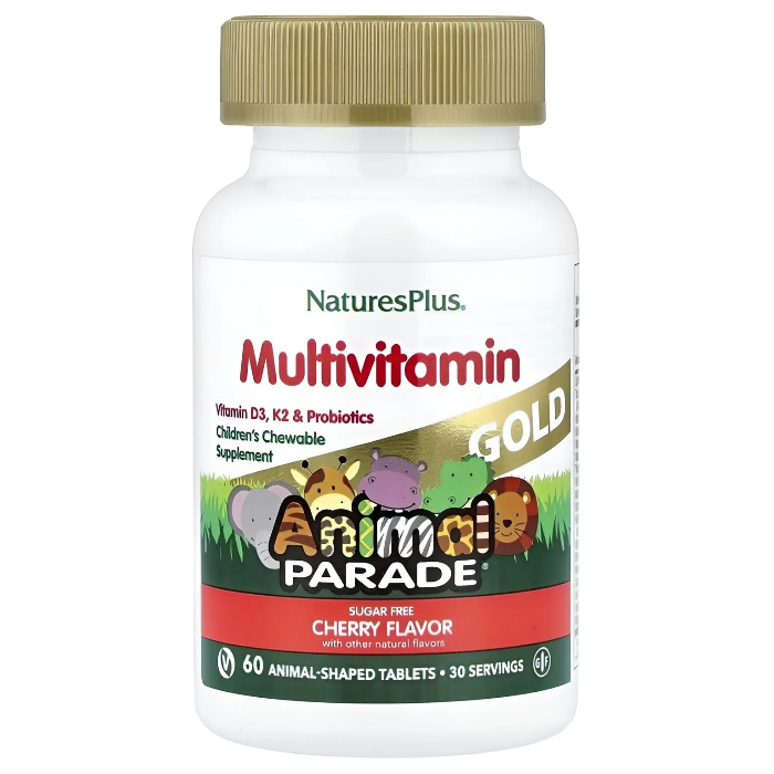 NaturesPlus, Мультивитамины для детей Animal Parade Gold, со вкусом вишни, 60 таблеток в форме животных