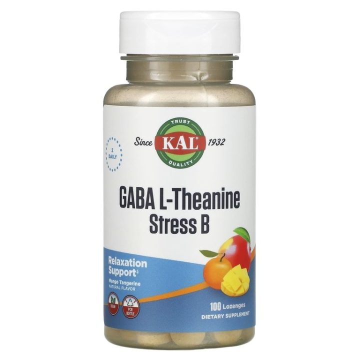 KAL, GABA L-Theanine Stress B, ГАМК L-теанин, натуральный аромат манго и танжерина, 100 таблеток